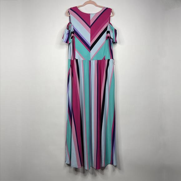 2/$30 Lane Bryant Faux Wrap Cold Shoulder Midi High Low Dress 18/20 Multi #7130 - Picture 11 of 16